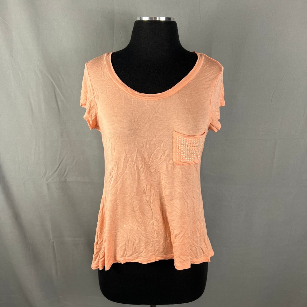 Occasion T Shirt Womens Peach Delicate Sequin Embellished Pocket Scoop Neck